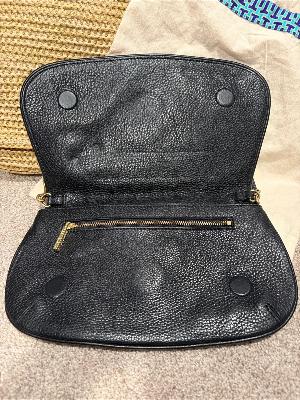 Tory Burch Black Pebbled Leather Shoulder Bag with Gold Logo